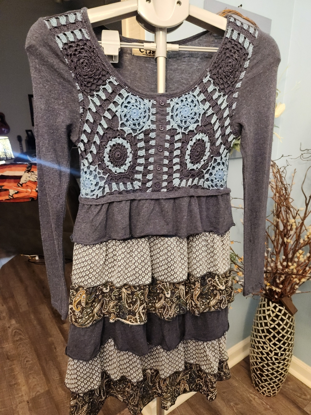 envy Girls' Layered Boho Crochet Dress in Blue and Light Blue
